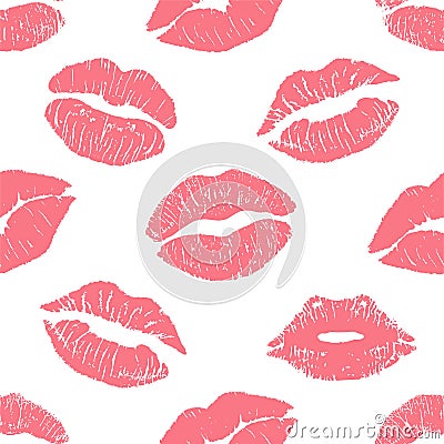 Fashion seamless pattern with printed lips kisses, lips prints wrapping paper. World kiss day, Valentine s day Vector Illustration