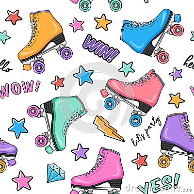 Fashion seamless pattern with retro colorful roller skates, stars, flashes, diamonds and typography Vector Illustration