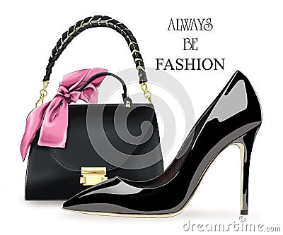 Fashion set with black high heel shoe and bag. Stylish accessories. Cartoon Illustration