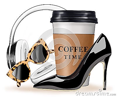 Fashion set with black high heel shoes, paper coffee cup, sunglasses and headphones. Coffee time concept. Cartoon Illustration