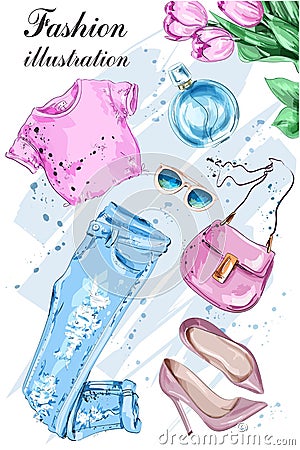 Fashion set with flowers, summer clothes, bag, sunglasses, shoes and perfume. Vector Illustration