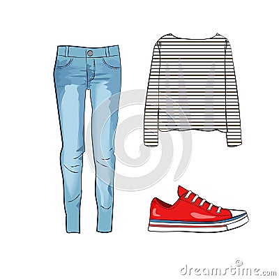 Fashion set with jeans trousers, striped shirt and red sneakers Vector Illustration