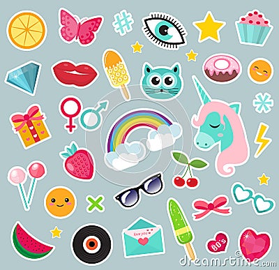 Fashion set of patches 80s comic style. Pins, badges and stickers Collection cartoon Vector Illustration