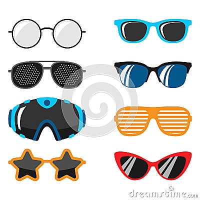 Fashion set sunglasses accessory sun spectacles plastic frame modern eyeglasses vector illustration. Vector Illustration