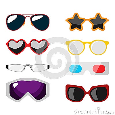 Fashion set sunglasses accessory sun spectacles plastic frame modern eyeglasses vector illustration. Vector Illustration