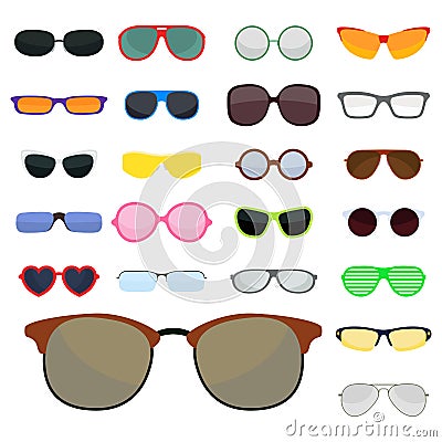 Fashion set sunglasses accessory sun spectacles plastic frame modern eyeglasses vector illustration. Vector Illustration