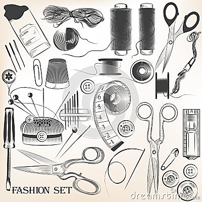 Fashion set of vector high detailed sewing accessories Stock Photo