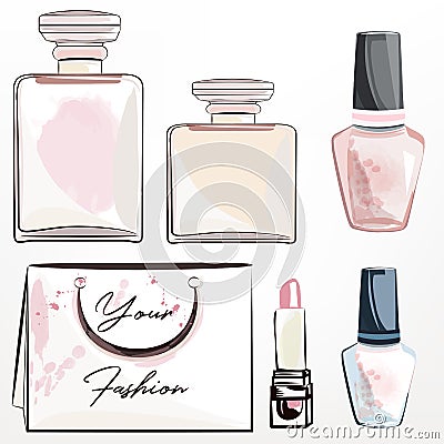 Fashion set vector perfume bottles in watercolor style Stock Photo