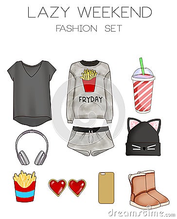 Fashion set of woman's clothes, accessories, and shoes clip art collection Stock Photo