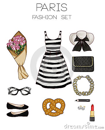 Fashion set of woman's clothes, accessories, and shoes clip art collection Stock Photo