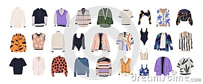 Fashion shirts, tshirts, cardigans, blouses set. Modern top apparel, clothes. Sweatshirts, jumpers, knitted sweaters, bodies and Vector Illustration