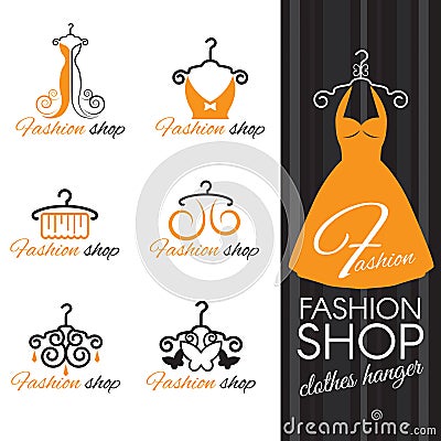 Fashion shop logo - Orange Clothes hanger and dress and butterfly Vector Illustration