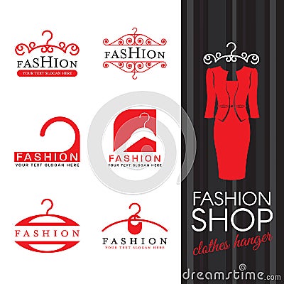 Fashion shop logo - Red clothes hanger logo sign vector set design Vector Illustration