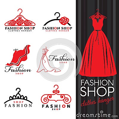 Fashion shop logo - Red dress and Clothes hanger logo vector set design Vector Illustration