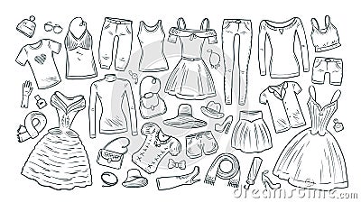 Fashion, shopping, boutique set icons. Collection of fashionable women`s clothing. Vector illustration Vector Illustration