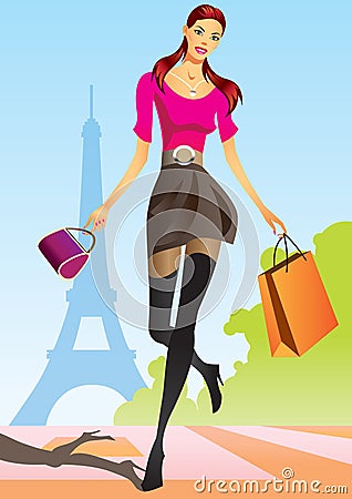 Fashion shopping girls with shopping bag in Paris Vector Illustration