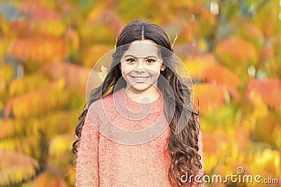 Fashion should be stylish and fun. Small girl on autumn landscape. Girl child in fashion clothing. Small child enjoy Stock Photo