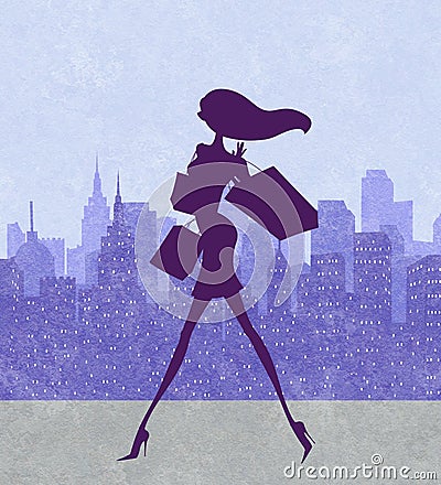 Fashion Silhouette of a Chic Young Woman Walking With Shopping B Stock Photo