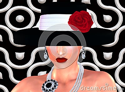 Fashion sketch,attractive woman in vintage style black dress and hat in our 3d render digital art style. Stock Photo