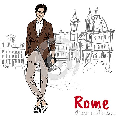 Woman walking in Rome Vector Illustration