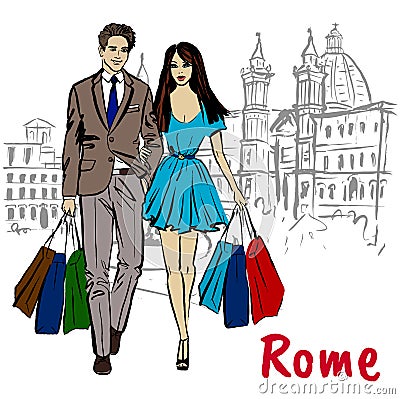 Woman walking in Rome Vector Illustration