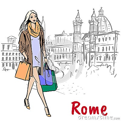Woman walking in Rome Vector Illustration