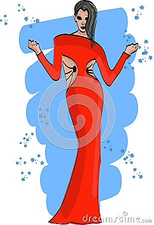 Fashion sketch with girl in red dress vector Vector Illustration