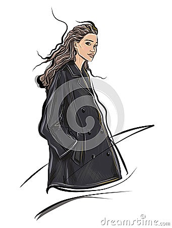 Fashion sketch girl wearing stylish designer jacket Vector Illustration