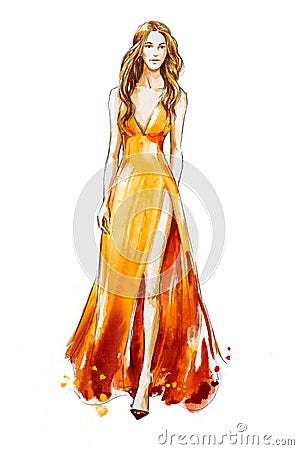 Fashion sketch. Watercolor dress. Catwalk Stock Photo