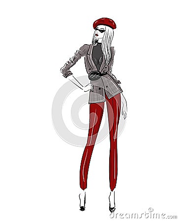 Fashion sketch of woman figure in red beret Vector Illustration