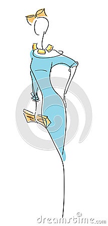 Fashion sketch woman model in glamour blue dress Vector Illustration