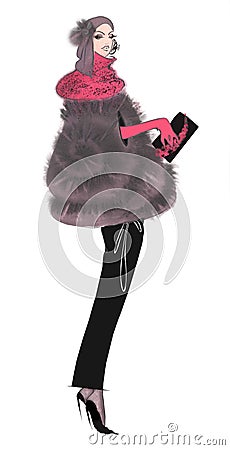 Fashion Sketch Woman in Retro Manto Stock Photo