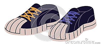 Fashion sneakers with rubber toe. Stylish gumshoes with multicolor laces. Sport shoes pair in urban style. Training Vector Illustration