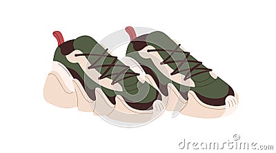 Fashion sneakers, sport shoes. Laced footwear design. Pair of modern chunky trainers with wavy increasing sole Vector Illustration