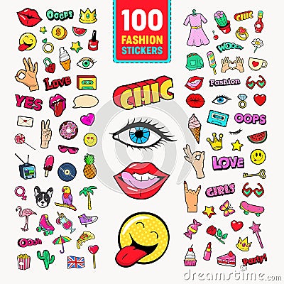 Fashion Stickers and Badges with Lips, Hands and Comic Speech Bubble. Teen Style Doodle Vector Illustration