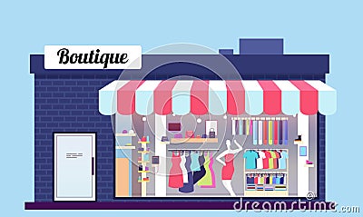 Fashion store exterior. Beauty shop boutique exterior with storefront and clothes. Vector illustration Vector Illustration
