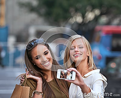 Fashion, street selfie and happy people, shopping friends or city women with picture memory of France vacation. Retail Stock Photo