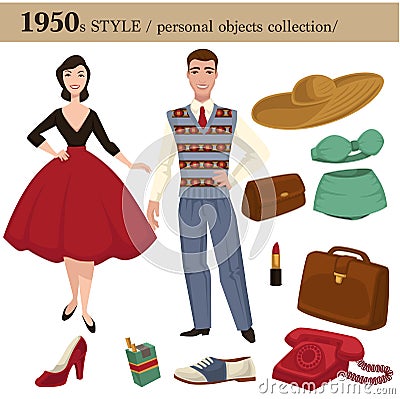 1950 fashion style man and woman personal objects Vector Illustration