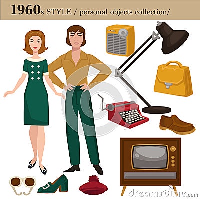 1960 fashion style man and woman personal objects Vector Illustration