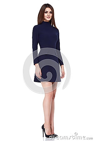 Fashion style woman perfect body shape brunette hair wear black dress suit elegance casual beautiful model secretary air hostess d Stock Photo