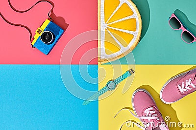 Fashion Summer Hipster Set. Film Camera.Design Art Stock Photo