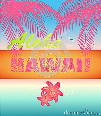 Fashion summer neon print with ocean sunset, pink Aloha Hawaii lettering, lily and coconut palm leaves Vector Illustration