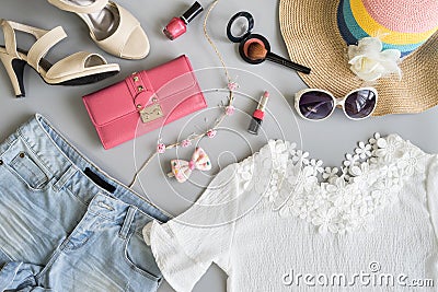 Fashion summer women clothes set with cosmetics and accessories Stock Photo