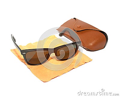 Fashion Sunglasses with glasses cleaning cloth and leather case. Stock Photo