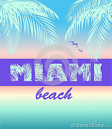 Fashion t shirt neon print with ocean sunset, Miami beach lettering, coconut mint color palm leaves and seagull Vector Illustration