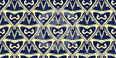 Fashion Tapestry Pattern. Indigo Golden Seamless Wallpaper. Royal Blue Vintage Texture. Decorative Textile Print. Abstract Brocade Stock Photo