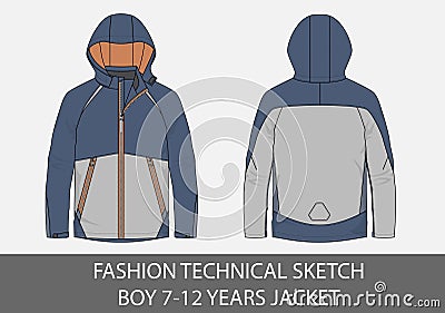 Fashion technical sketch for boy 7-12 years jacket with hood Vector Illustration