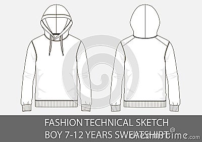 Fashion technical sketch for boy 7-12 years sweatshirt with hood Vector Illustration