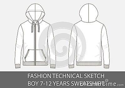 Fashion technical sketch for boy 7-12 years sweatshirt with hood Vector Illustration