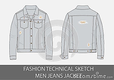 Fashion technical sketch men jeans jacket Vector Illustration